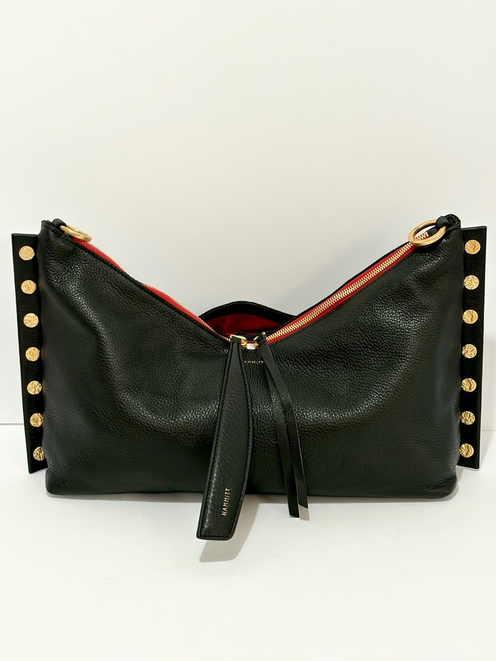 HAMMITT Mr G. Shoulder Bag In Black Leather/Brushed Gold Hammered Rivets/Red Zip - Picture 5 of 15